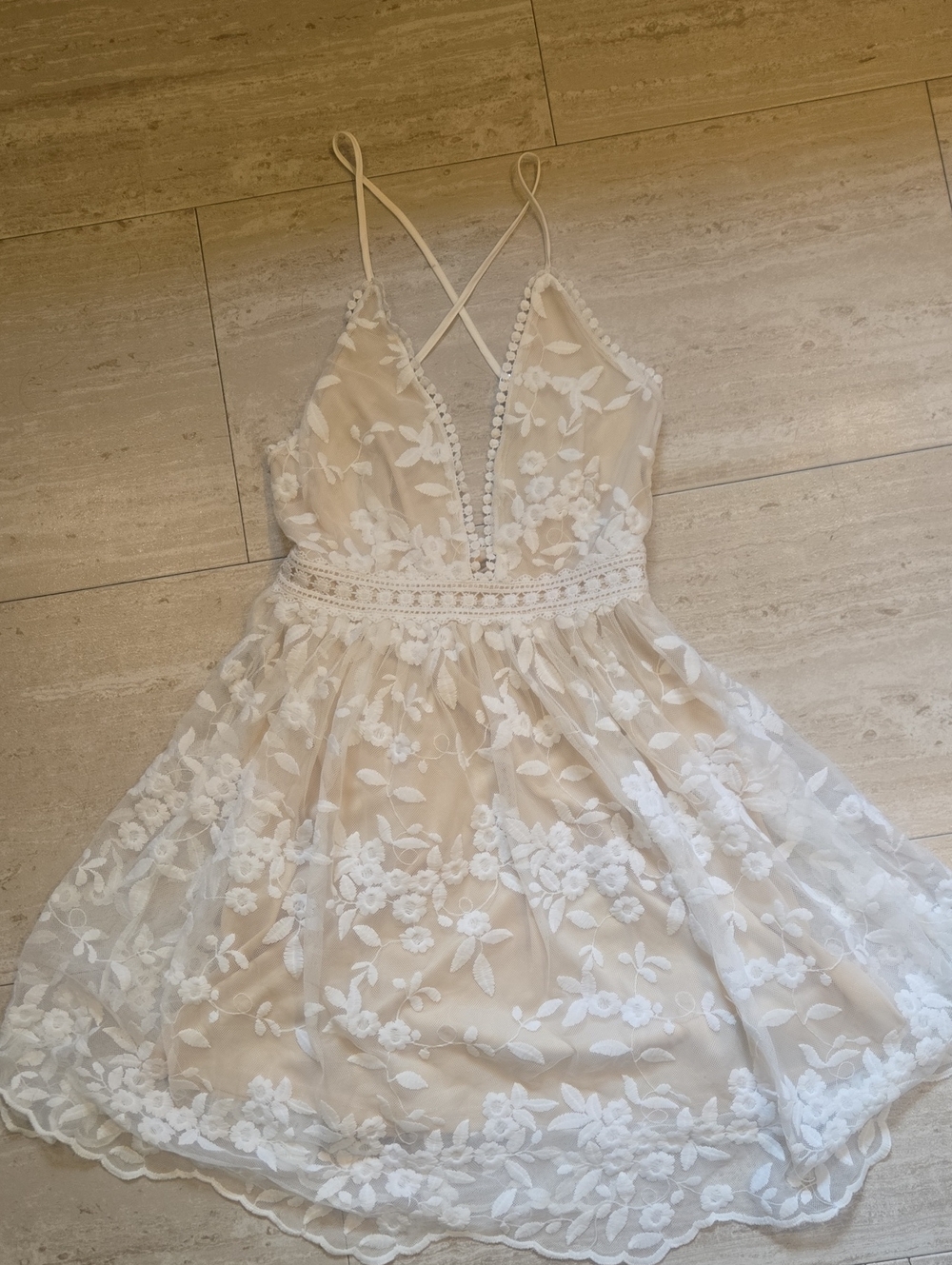Cupshe Cream/Nude Deep Cut Floral Lace Overlay Dress